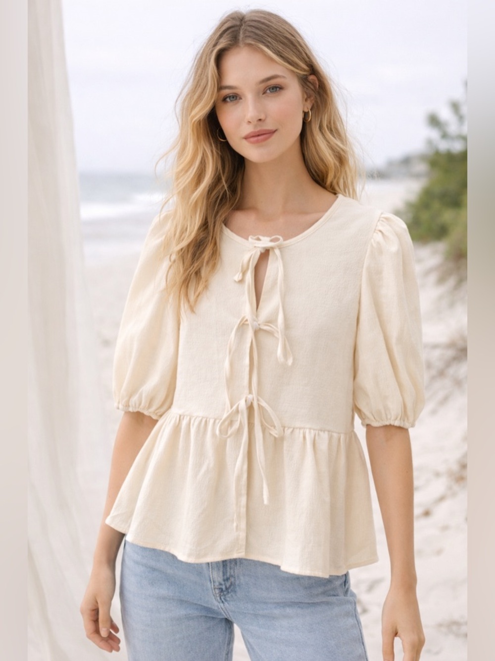 Cream Tie-Front Peplum Blouse | Cottagecore Boho Chic